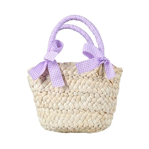 JMORCO Strohtaschen Kindertaschen for Mädchen Handtasche Kinder Tragetaschen Sommer Strand Reise Bögen Prinzessin Kind StrohtaschenZubehör (Color : Lavender) von JMORCO