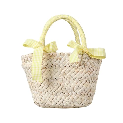 JMORCO Strohtaschen Kindertaschen for Mädchen Handtasche Kinder Tragetaschen Sommer Strand Reise Bögen Prinzessin Kind StrohtaschenZubehör (Color : Yellow) von JMORCO