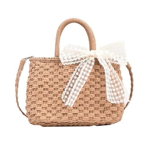 JMORCO Strohtaschen Lace Bow Damen Handtaschen Woven Herbaceous Umhängetaschen Frische Umhängetaschen Straw Horzontal Square Bags (Color : Khaki) von JMORCO