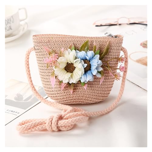 JMORCO Strohtaschen Mädchen Umhängetasche Handmade Floral Rattan Mini Umhängetasche Sommer Stroh Strandtasche Lässige Taschen Handtasche (Color : Pink-01) von JMORCO