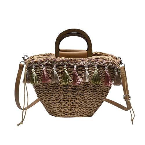 JMORCO Strohtaschen Quaste Strohtasche Ethno-Stil süße Frau Schulter Umhängetaschen handgewebte Sommer weibliche Strandtasche Mädchen Rattan Handtasche (Color : Brown Straw Bag) von JMORCO