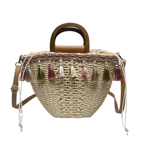 JMORCO Strohtaschen Quaste Strohtasche Ethno-Stil süße Frau Schulter Umhängetaschen handgewebte Sommer weibliche Strandtasche Mädchen Rattan Handtasche (Color : Khaki Straw Bag) von JMORCO