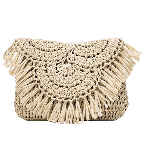 JMORCO Strohtaschen Sommer Strand Urlaub Frauen Quasten Gewebte Tasche Stroh Rattan Weben Schulter Crossbody Taschen Damen Quasten Handtaschen Geldbörse (Color : Beige) von JMORCO