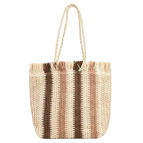 JMORCO Strohtaschen Stroh gewebte Umhängetasche Streifen handgefertigt Sommer Strand Top-Griff Handtasche Reisen Urlaub Frauen Urlaub Shopper Totes (Color : Beige) von JMORCO