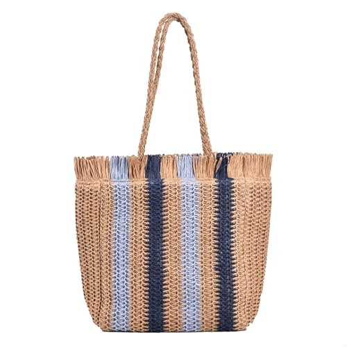 JMORCO Strohtaschen Stroh gewebte Umhängetasche Streifen handgefertigt Sommer Strand Top-Griff Handtasche Reisen Urlaub Frauen Urlaub Shopper Totes (Color : Blue) von JMORCO