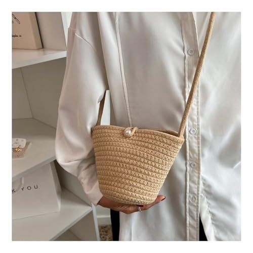 Strohtaschen Gewebte Umhängetasche Sommer Stroh Taschen Jugend Mädchen Süße Geldbörse Handtasche Frauen Casual Einfarbig Strand Eimer Tasche (Color : Khaki) von JMORCO