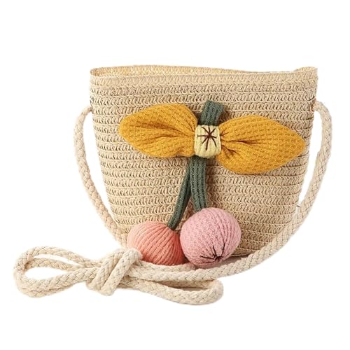 Strohtaschen Niedliche Kinder Stroh Umhängetaschen Blume Baby Mädchen Kleine Eimer Umhängetasche Jungen Kinder Mini Geldbörse Strand Handtaschen (Color : Cherry beige) von JMORCO