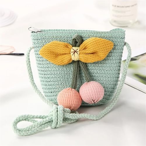 Strohtaschen Niedliche Kinder Stroh Umhängetaschen Blume Baby Mädchen Kleine Eimer Umhängetasche Jungen Kinder Mini Geldbörse Strand Handtaschen (Color : Cherry green) von JMORCO