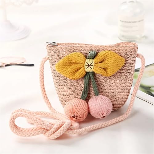 Strohtaschen Niedliche Kinder Stroh Umhängetaschen Blume Baby Mädchen Kleine Eimer Umhängetasche Jungen Kinder Mini Geldbörse Strand Handtaschen (Color : Cherry pink) von JMORCO