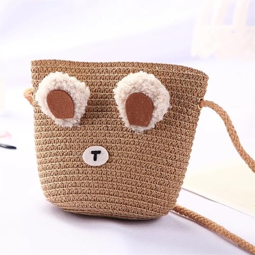 Strohtaschen Niedliche Kinder Stroh Umhängetaschen Blume Baby Mädchen Kleine Eimer Umhängetasche Jungen Kinder Mini Geldbörse Strand Handtaschen (Color : Ear brown) von JMORCO