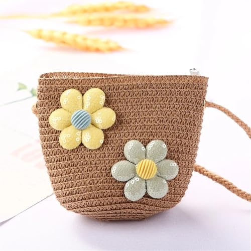 Strohtaschen Niedliche Kinder Stroh Umhängetaschen Blume Baby Mädchen Kleine Eimer Umhängetasche Jungen Kinder Mini Geldbörse Strand Handtaschen (Color : FlowerA brown) von JMORCO