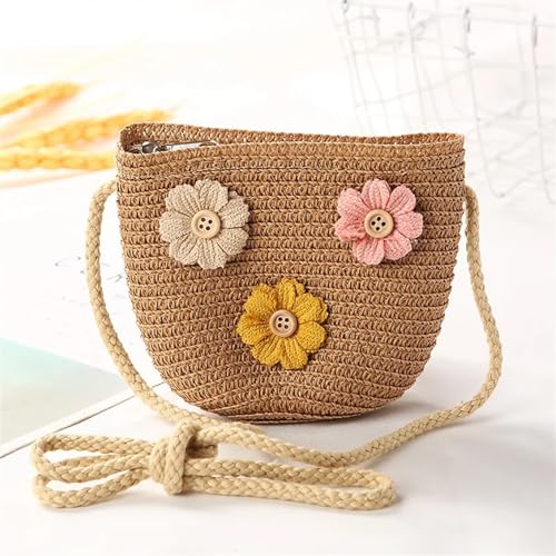 Strohtaschen Niedliche Kinder Stroh Umhängetaschen Blume Baby Mädchen Kleine Eimer Umhängetasche Jungen Kinder Mini Geldbörse Strand Handtaschen (Color : FlowerB brown) von JMORCO