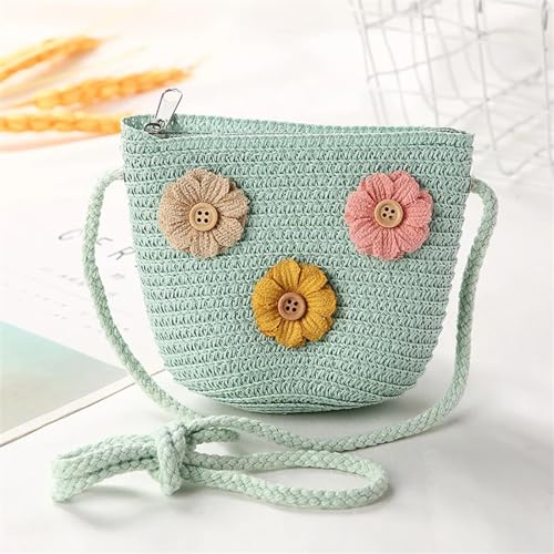 Strohtaschen Niedliche Kinder Stroh Umhängetaschen Blume Baby Mädchen Kleine Eimer Umhängetasche Jungen Kinder Mini Geldbörse Strand Handtaschen (Color : FlowerB green) von JMORCO