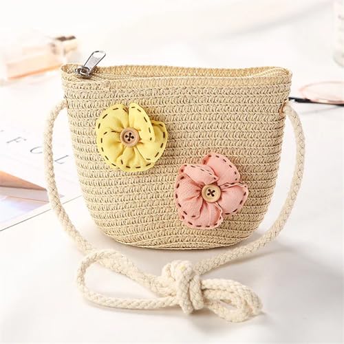 Strohtaschen Niedliche Kinder Stroh Umhängetaschen Blume Baby Mädchen Kleine Eimer Umhängetasche Jungen Kinder Mini Geldbörse Strand Handtaschen (Color : FlowerC beige) von JMORCO