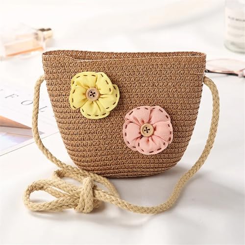 Strohtaschen Niedliche Kinder Stroh Umhängetaschen Blume Baby Mädchen Kleine Eimer Umhängetasche Jungen Kinder Mini Geldbörse Strand Handtaschen (Color : FlowerC brown) von JMORCO