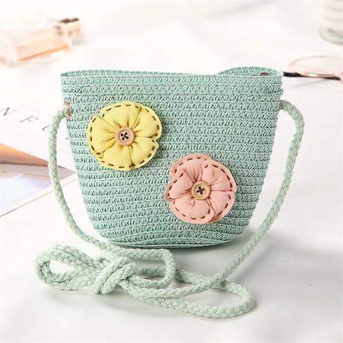 Strohtaschen Niedliche Kinder Stroh Umhängetaschen Blume Baby Mädchen Kleine Eimer Umhängetasche Jungen Kinder Mini Geldbörse Strand Handtaschen (Color : FlowerC green) von JMORCO