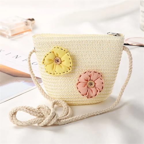 Strohtaschen Niedliche Kinder Stroh Umhängetaschen Blume Baby Mädchen Kleine Eimer Umhängetasche Jungen Kinder Mini Geldbörse Strand Handtaschen (Color : FlowerC white) von JMORCO