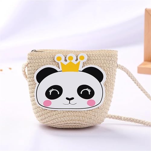 Strohtaschen Niedliche Kinder Stroh Umhängetaschen Blume Baby Mädchen Kleine Eimer Umhängetasche Jungen Kinder Mini Geldbörse Strand Handtaschen (Color : Panda beige) von JMORCO