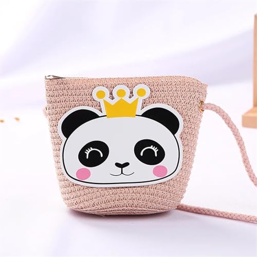 Strohtaschen Niedliche Kinder Stroh Umhängetaschen Blume Baby Mädchen Kleine Eimer Umhängetasche Jungen Kinder Mini Geldbörse Strand Handtaschen (Color : Panda pink) von JMORCO