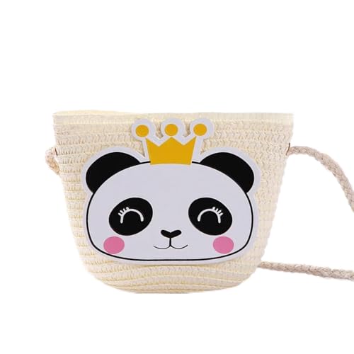 Strohtaschen Niedliche Kinder Stroh Umhängetaschen Blume Baby Mädchen Kleine Eimer Umhängetasche Jungen Kinder Mini Geldbörse Strand Handtaschen (Color : Panda white) von JMORCO