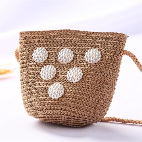 Strohtaschen Niedliche Kinder Stroh Umhängetaschen Blume Baby Mädchen Kleine Eimer Umhängetasche Jungen Kinder Mini Geldbörse Strand Handtaschen (Color : Pearl brown) von JMORCO