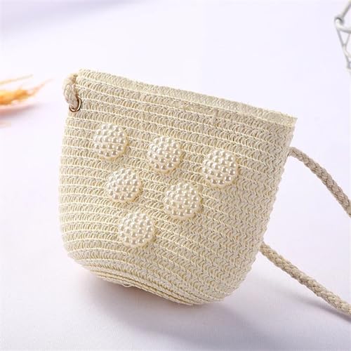 Strohtaschen Niedliche Kinder Stroh Umhängetaschen Blume Baby Mädchen Kleine Eimer Umhängetasche Jungen Kinder Mini Geldbörse Strand Handtaschen (Color : Pearl white) von JMORCO