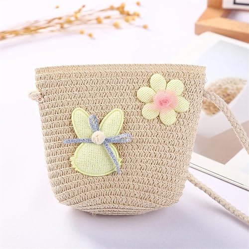 Strohtaschen Niedliche Kinder Stroh Umhängetaschen Blume Baby Mädchen Kleine Eimer Umhängetasche Jungen Kinder Mini Geldbörse Strand Handtaschen (Color : Rabbit beige) von JMORCO