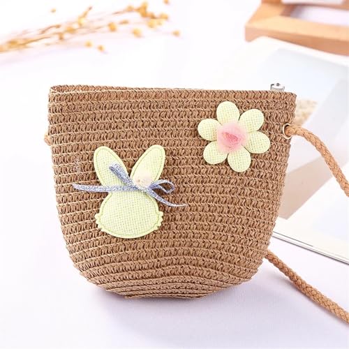 Strohtaschen Niedliche Kinder Stroh Umhängetaschen Blume Baby Mädchen Kleine Eimer Umhängetasche Jungen Kinder Mini Geldbörse Strand Handtaschen (Color : Rabbit brown) von JMORCO