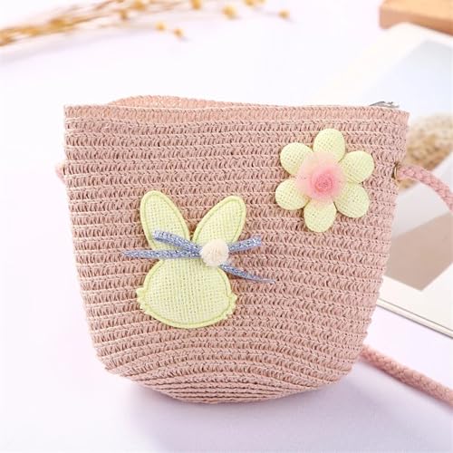 Strohtaschen Niedliche Kinder Stroh Umhängetaschen Blume Baby Mädchen Kleine Eimer Umhängetasche Jungen Kinder Mini Geldbörse Strand Handtaschen (Color : Rabbit pink) von JMORCO