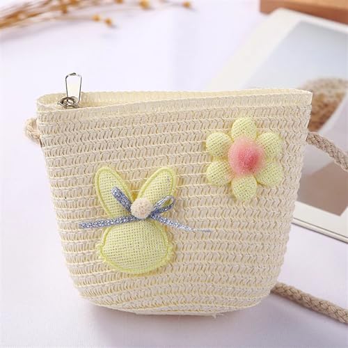 Strohtaschen Niedliche Kinder Stroh Umhängetaschen Blume Baby Mädchen Kleine Eimer Umhängetasche Jungen Kinder Mini Geldbörse Strand Handtaschen (Color : Rabbit white) von JMORCO