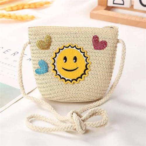 Strohtaschen Niedliche Kinder Stroh Umhängetaschen Blume Baby Mädchen Kleine Eimer Umhängetasche Jungen Kinder Mini Geldbörse Strand Handtaschen (Color : Smile beige) von JMORCO