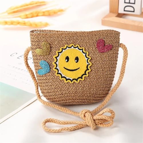 Strohtaschen Niedliche Kinder Stroh Umhängetaschen Blume Baby Mädchen Kleine Eimer Umhängetasche Jungen Kinder Mini Geldbörse Strand Handtaschen (Color : Smile brown) von JMORCO