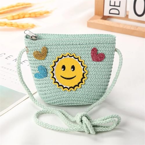 Strohtaschen Niedliche Kinder Stroh Umhängetaschen Blume Baby Mädchen Kleine Eimer Umhängetasche Jungen Kinder Mini Geldbörse Strand Handtaschen (Color : Smile green) von JMORCO