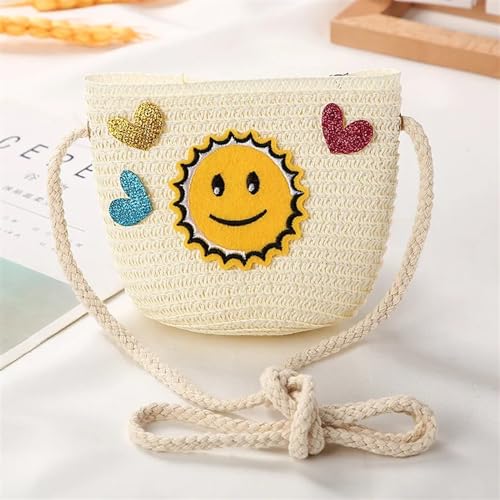 Strohtaschen Niedliche Kinder Stroh Umhängetaschen Blume Baby Mädchen Kleine Eimer Umhängetasche Jungen Kinder Mini Geldbörse Strand Handtaschen (Color : Smile white) von JMORCO