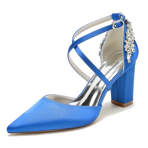 Damen Kreuz Riemchen Blockasbtz Spitzschuh mit Strass Pumps Satin Hochzeitsschuhe Abendschuhe,Blau,37 EU von JMdfcqer