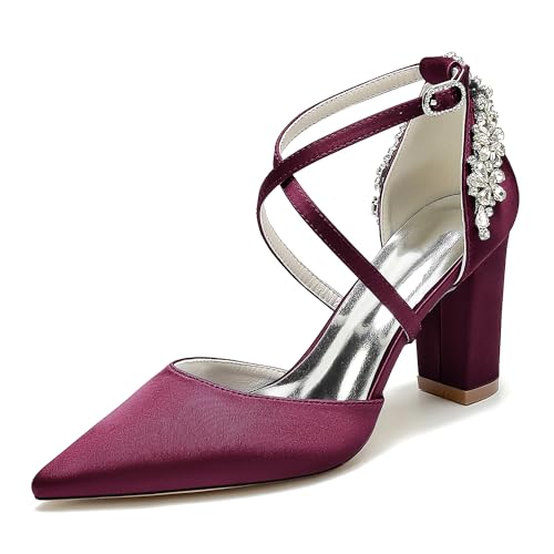 Damen Kreuz Riemchen Blockasbtz Spitzschuh mit Strass Pumps Satin Hochzeitsschuhe Abendschuhe,Burgundy,41 EU von JMdfcqer