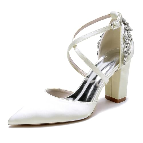 Damen Kreuz Riemchen Blockasbtz Spitzschuh mit Strass Pumps Satin Hochzeitsschuhe Abendschuhe,Elfenbein,35 EU von JMdfcqer