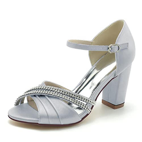 Damen Sandalen Peep Zehen Blockabsatz Knöchelriemen Sommer Partei Hochzeit Abendschuhe,Silber,43 EU von JMdfcqer