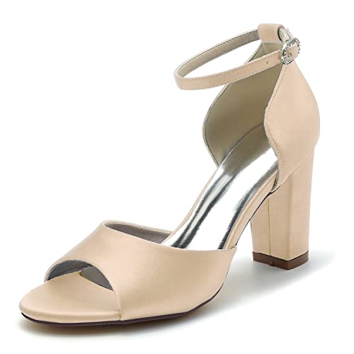 Damen Sandaletten Peep Zehen Knöchelriemen Sommerschuhe mit Blockabsatz Hochzeit Brautjungfernschuhe,Champagne,41 EU von JMdfcqer