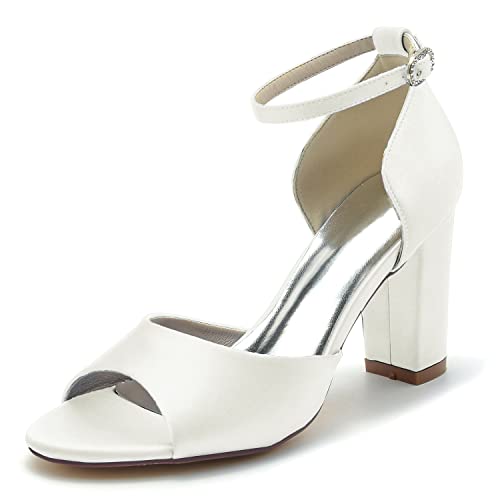 Damen Sandaletten Peep Zehen Knöchelriemen Sommerschuhe mit Blockabsatz Hochzeit Brautjungfernschuhe,Elfenbein,40 EU von JMdfcqer