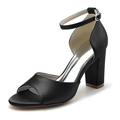 Damen Sandaletten Peep Zehen Knöchelriemen Sommerschuhe mit Blockabsatz Hochzeit Brautjungfernschuhe,Schwarz,38 EU von JMdfcqer