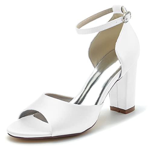 Damen Sandaletten Peep Zehen Knöchelriemen Sommerschuhe mit Blockabsatz Hochzeit Brautjungfernschuhe,Weiß,42 EU von JMdfcqer