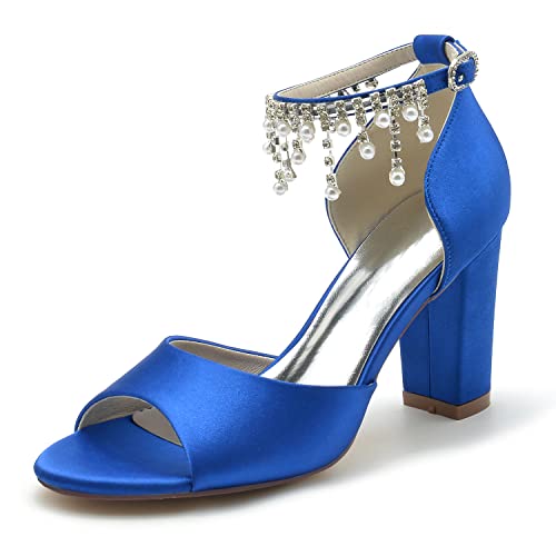 Damen Sandaletten Peep Zehen Perle Knöchelriemen Sommerschuhe mit Blockabsatz 8.5CM,Blau,37 EU von JMdfcqer