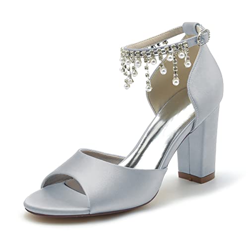 Damen Sandaletten Peep Zehen Perle Knöchelriemen Sommerschuhe mit Blockabsatz 8.5CM,Silber,42 EU von JMdfcqer