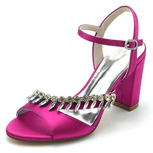 Damen Sandaletten mit Blockabsatz Hoher Absatz Peep Zehen Knöchelriemen Sommerschuhe mit Strass,Fuchsia,43 EU von JMdfcqer