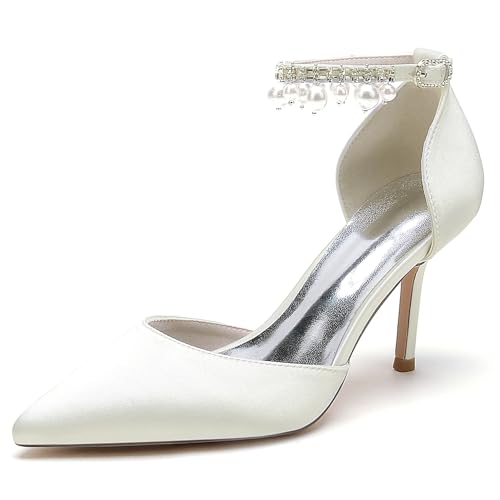 Damen Satin Hochzeitsschuhe Spitze Zehen Stöckelschuhe Perle Knöchelriemen Partei Abendschuhe Sandalen,Elfenbein,36 EU von JMdfcqer