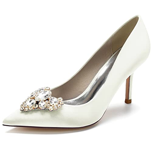 Hochzeitsschuhe Damen Spitzschuh 8.5 cm Stöckel Absatz Partei Abendschuhe Brautschuhe mit Strass,Elfenbein,37 EU von JMdfcqer