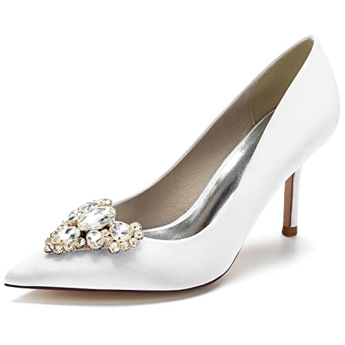 Hochzeitsschuhe Damen Spitzschuh 8.5 cm Stöckel Absatz Partei Abendschuhe Brautschuhe mit Strass,Weiß,40 EU von JMdfcqer