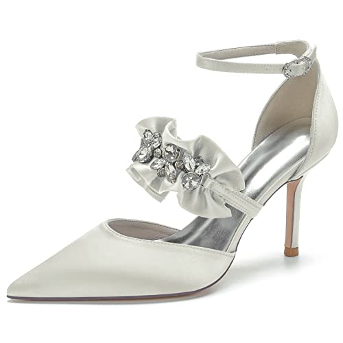 JMdfcqer Brautschuhe Damen Satin Strass Knöchelriemen 8.5CM Stöckel Absatz Geschlossene Zehen Pumpen,Elfenbein,39 EU von JMdfcqer