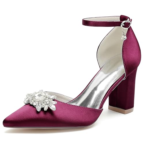 JMdfcqer Brautschuhe Damen Spitzschuh Knöchelriemen Blockabsatz Pumpen Hochzeit Brautjungfernschuhe mit Strass,Burgundy,36 EU von JMdfcqer